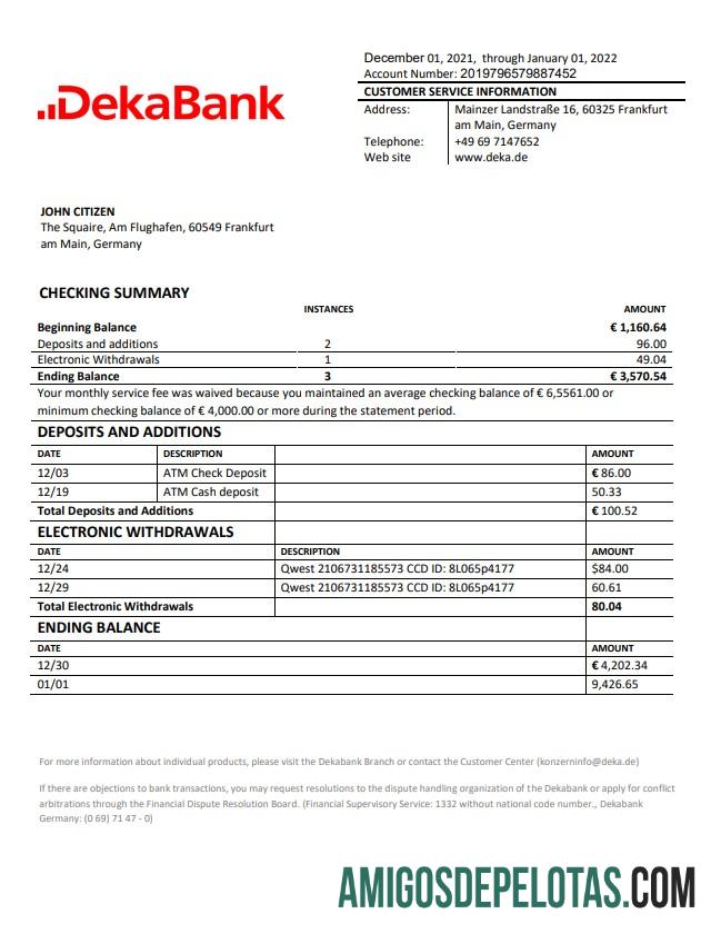Exemplo de extrato bancário do Dekabank da Alemanha